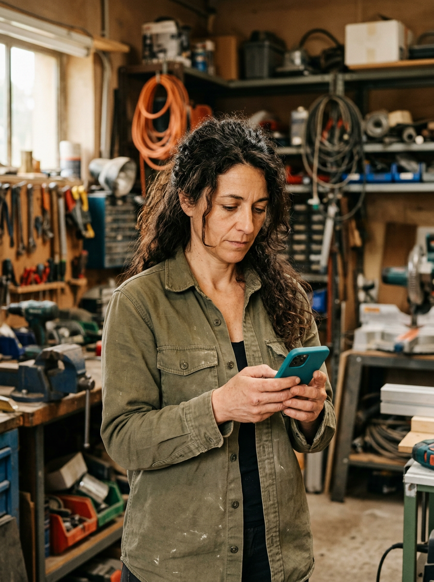Une électricienne dans son atelier lit un message sur son téléphone