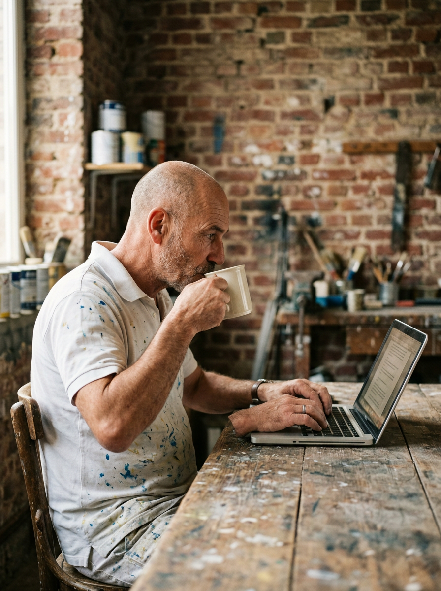 Un peintre en bâtiment boit son café en tapant sur son ordinateur, à une table d'atelier en bois